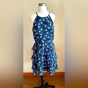 Blue floral sleeveless tiered ruffle dress size M